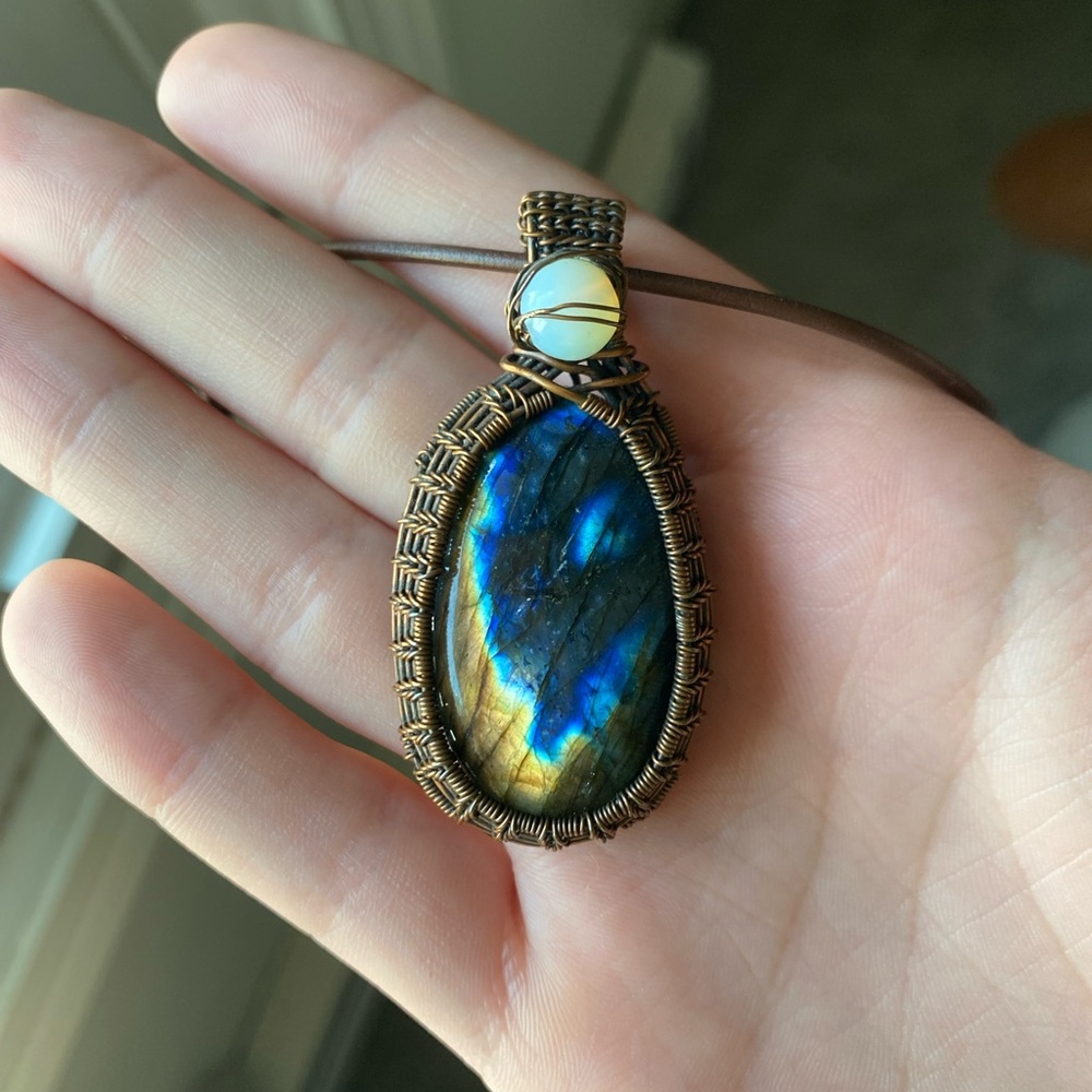 Moonstone + Labradorite Copper Wire Wrapped Pendant Necklace